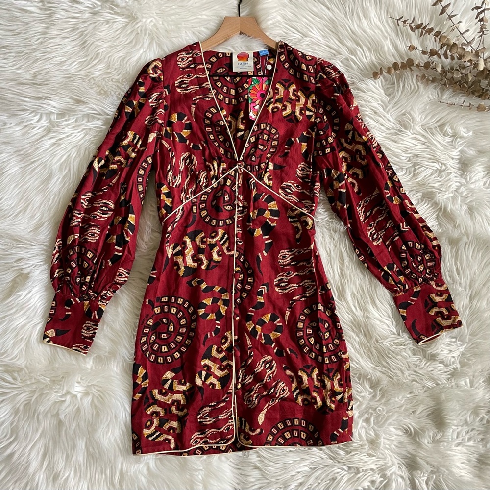 FARM Rio Burgundy Patterned Long Sleeve Mini Dress - Picture 9 of 16